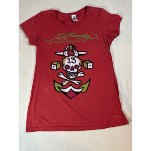 Vintage Y2K Ed Hardy By Christian Audigier Skull Anchor 13 T-shirt Red Women MED